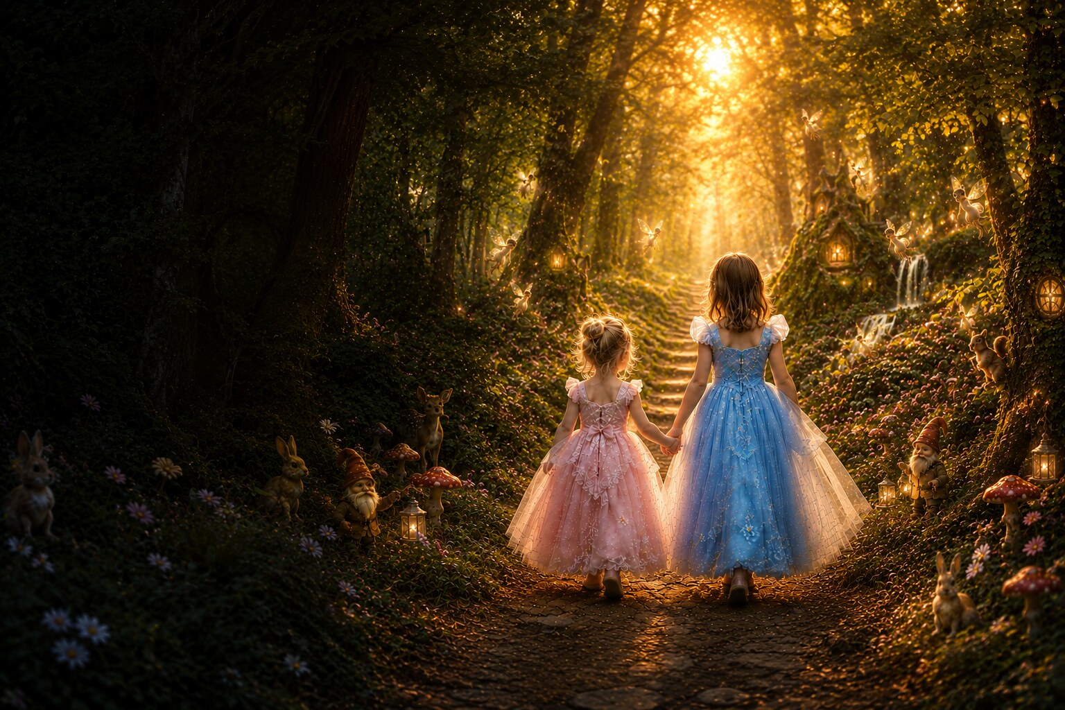 Twee kinderen in prinsessenjurken in een betoverd bos
